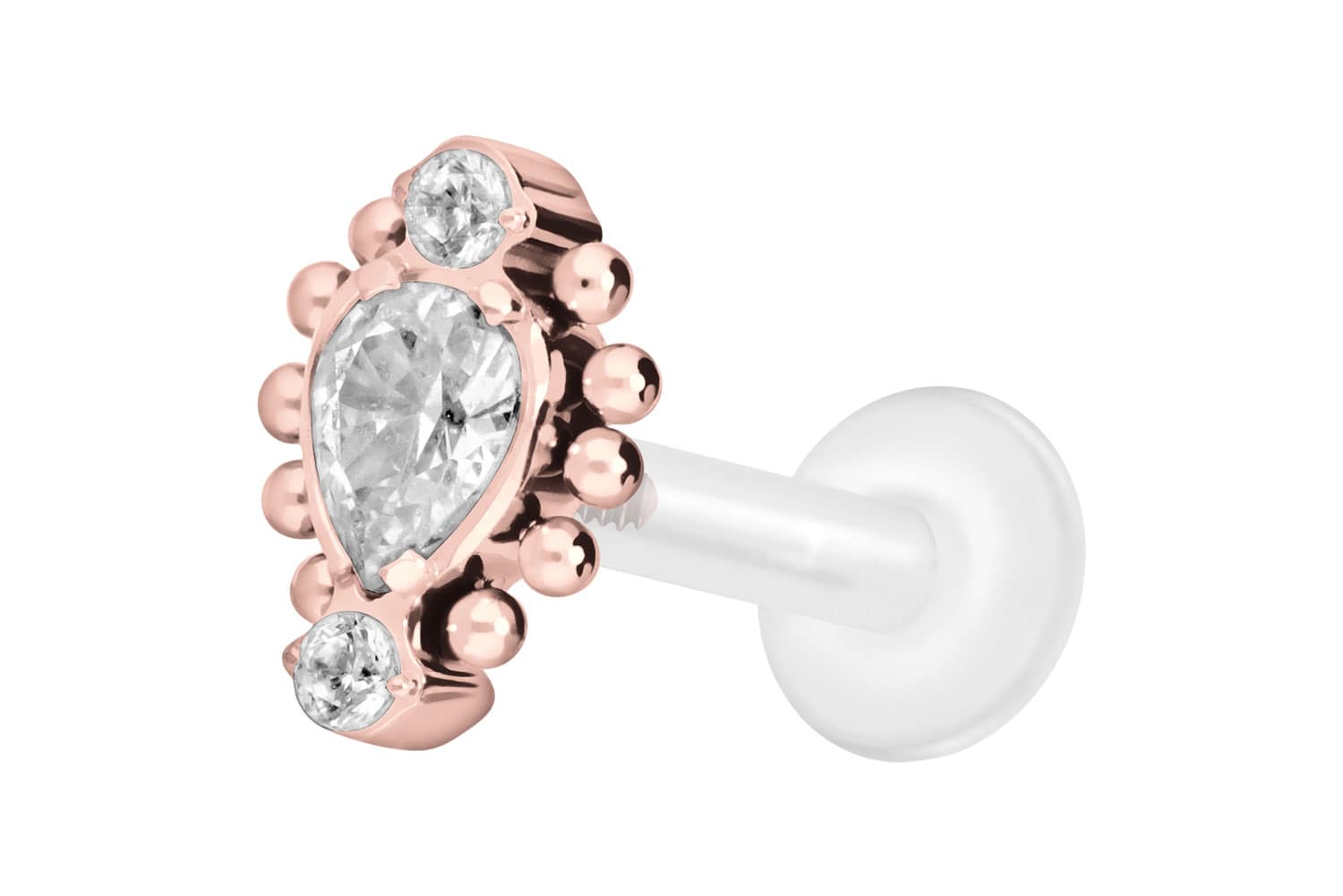 PTFE Labret Piercing mit Innengewinde + Titan-Aufsatz 3 EINGEFASSTE KRISTALLE + KUGELN